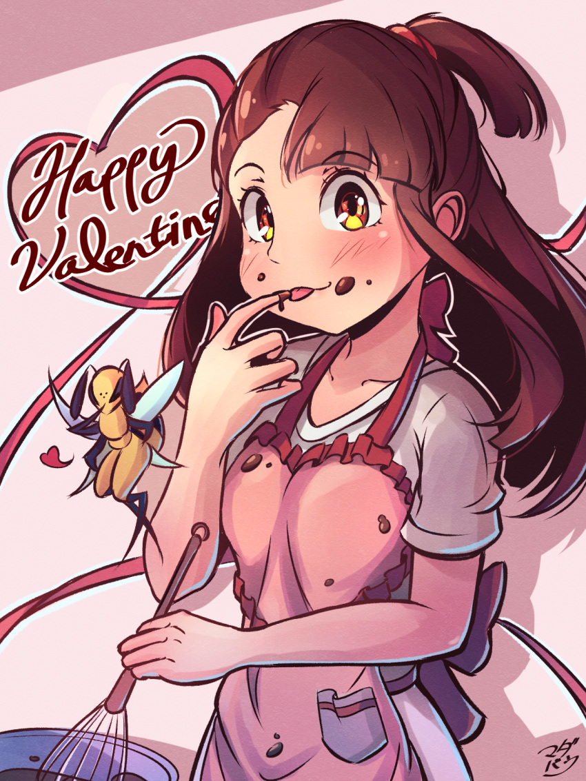 1girl, apron, asymmetrical_bangs, bee, bug, chocolate, cooking, food
