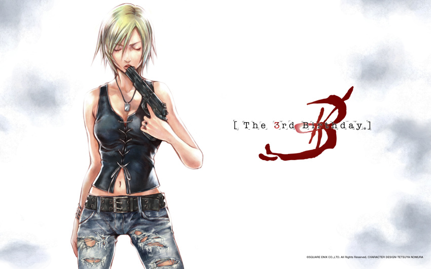 aya_brea, belt, blonde_hair, gun, jeans, necklace, parasite_eve, psp