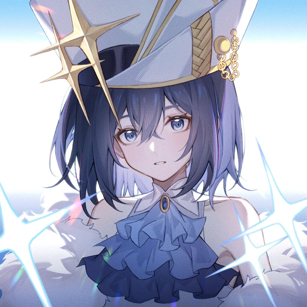 1girl, alchemy_stars, ascot, blue_ascot, blue_eyes, blue_hair, detached_sleeves, dress