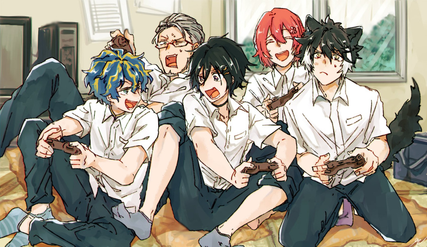 5boys, :<, :d, ^_^, alternate_costume, animal_ears, aqua_eyes, arurandeisu