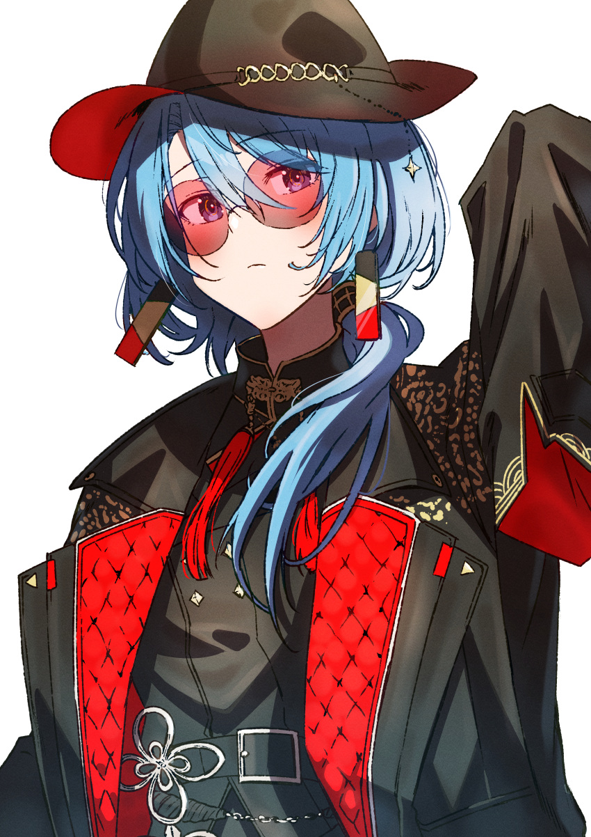 1girl, absurdres, belt, belt_buckle, black_belt, black_coat, black_hat, black_shirt