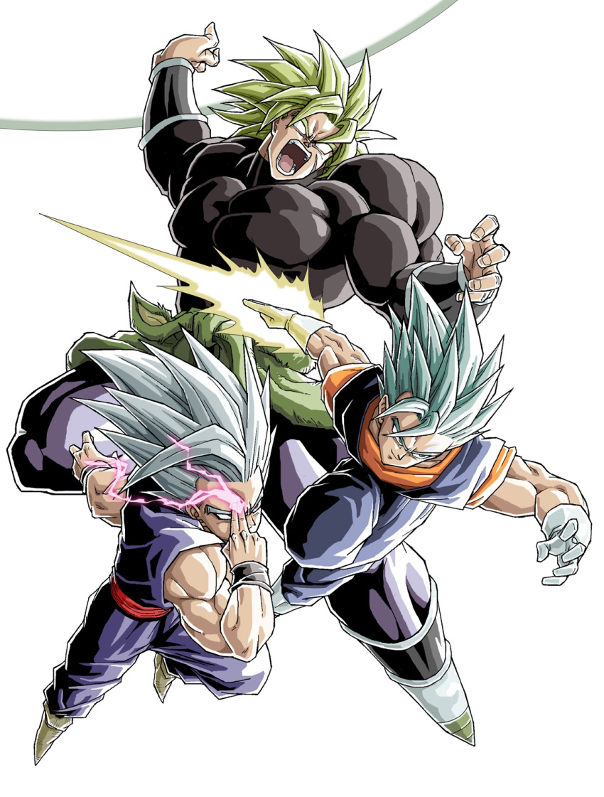 3boys, aura, black_bodysuit, blue_eyes, blue_hair, blue_pants, blue_shirt, bodysuit, boots, broly_(dragon_ball_super), brown_footwear, dougi, dragon_ball, dragon_ball_super, dragon_ball_super_broly, dragon_ball_super_super_hero, electricity, energy, energy_sword, finger_on_forehead, gloves, gohan_beast, green_hair, highres, legendary_super_saiyan, makankousappou, multiple_boys, muscular, muscular_male, n_(n14542698), no_pupils, orange_shirt, orange_undershirt, pants, purple_pants, purple_shirt, red_eyes, red_sash, sash, scar, scar_on_face, shirt, simple_background, smirk, son_gohan, spiky_hair, super_saiyan, super_saiyan_blue, sword, vegetto, weapon, white_background, white_footwear, white_gloves, white_hair