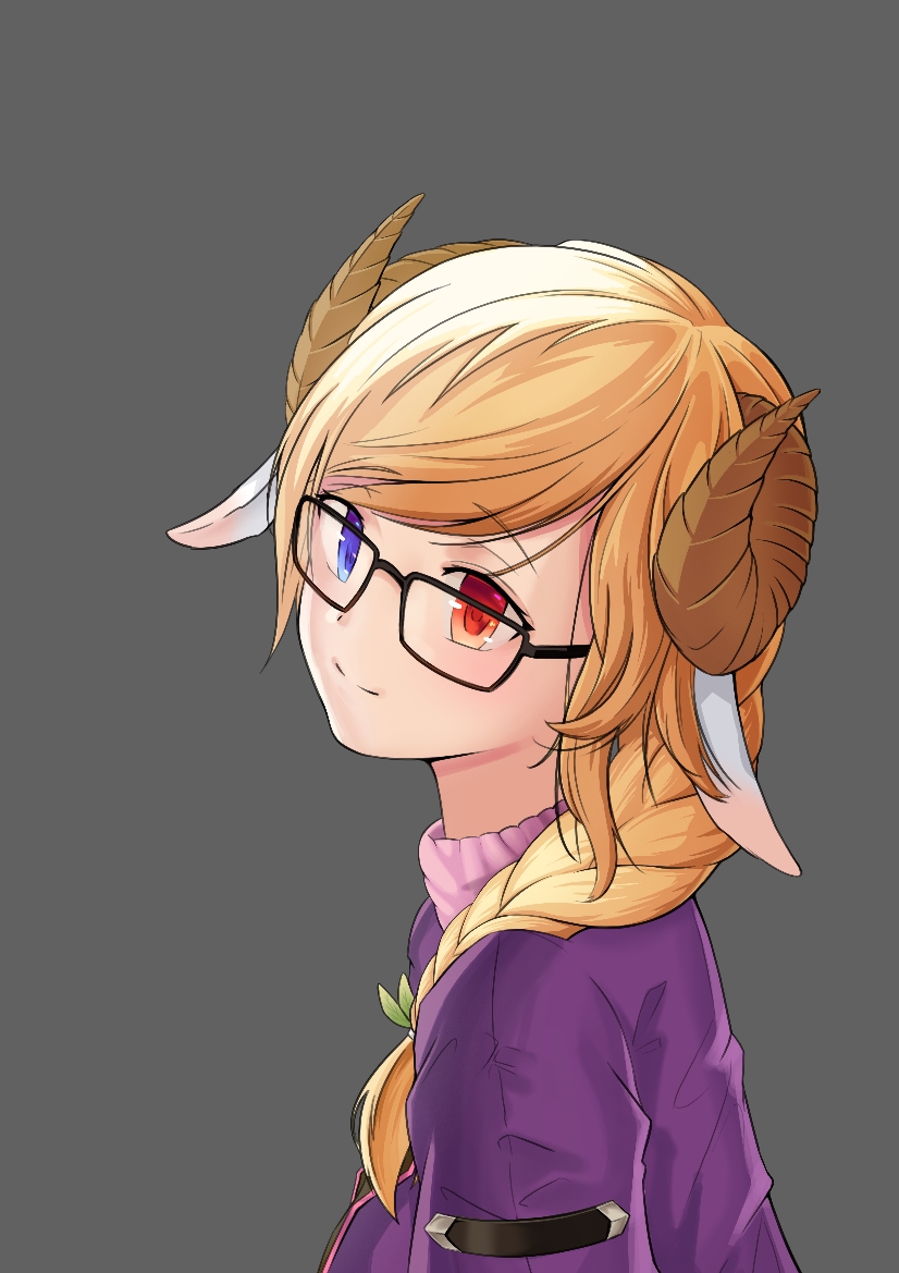1girl, 1other, animal_ears, arpiel, blonde_hair, braid, cecil_(arpiel), citrus_(codebs1004), glasses, heterochromia, horns, long_hair, sheep_ears, sheep_girl, sheep_horns, single_braid, solo, solo_focus