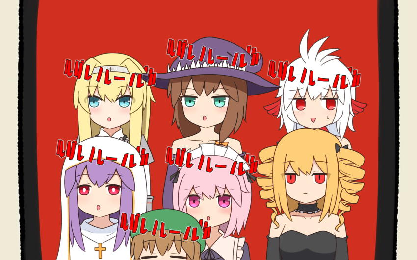 6+girls, :d, :o, bare_shoulders, bird_girl, black_bow, black_dress, black_sleeves