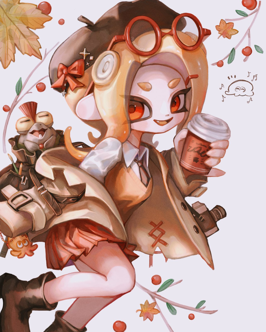1girl, autumn, autumn_leaves, bag, beret, blonde_hair, boots, bow