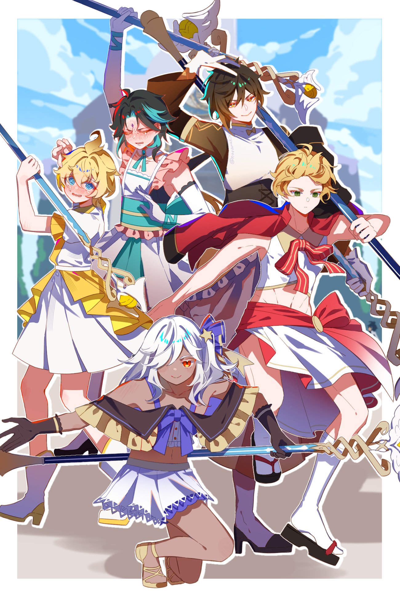 5boys, @_@, alternate_costume, alternate_hairstyle, arm_up, blonde_hair, blue_eyes, blush