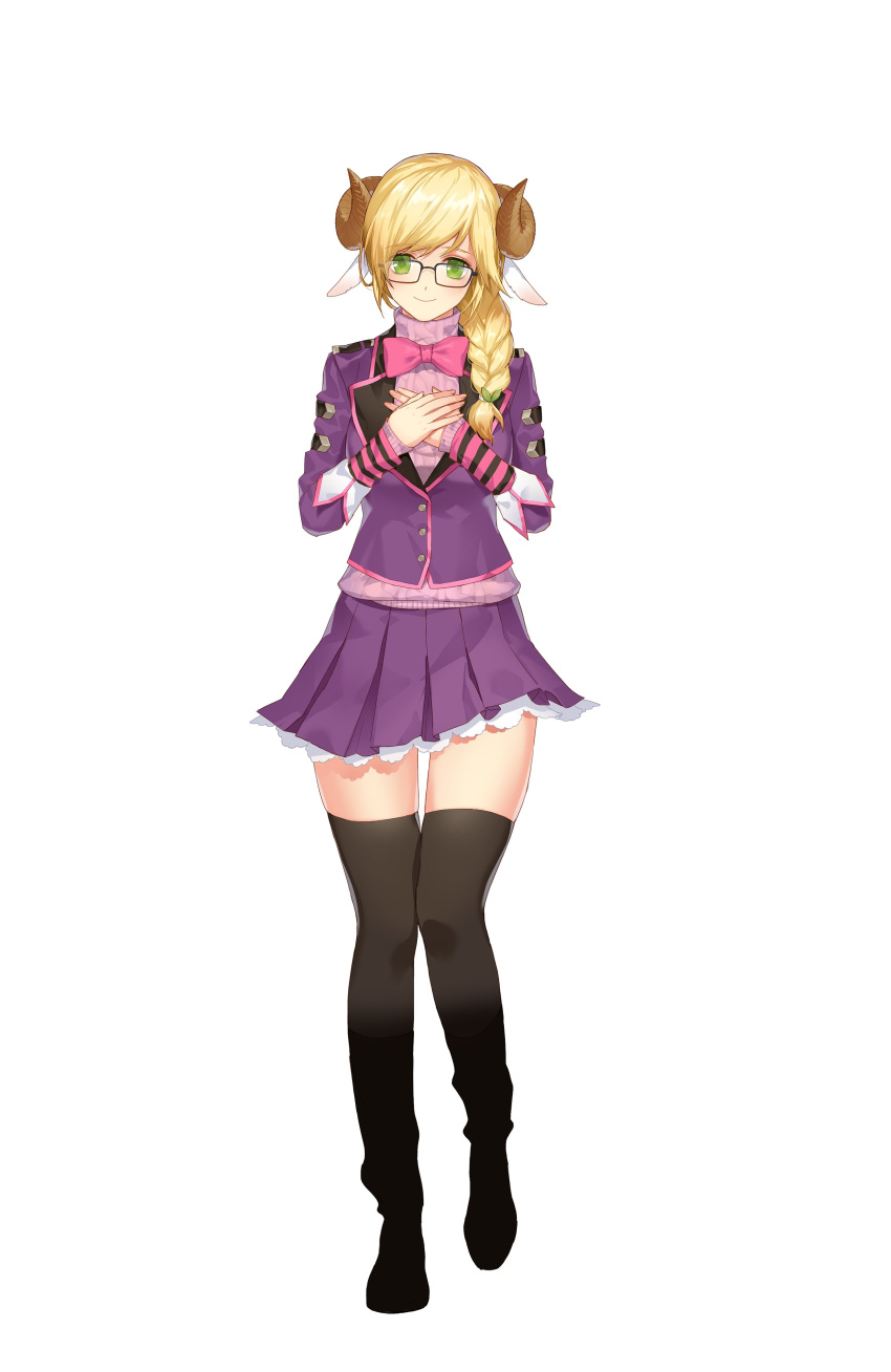 1girl, 1other, absurdres, animal_ears, arpiel, blonde_hair, braid, breasts, cecil_(arpiel), glasses, green_eyes, highres, horns, large_breasts, long_hair, non-web_source, school_uniform, sheep_ears, sheep_girl, sheep_horns, single_braid