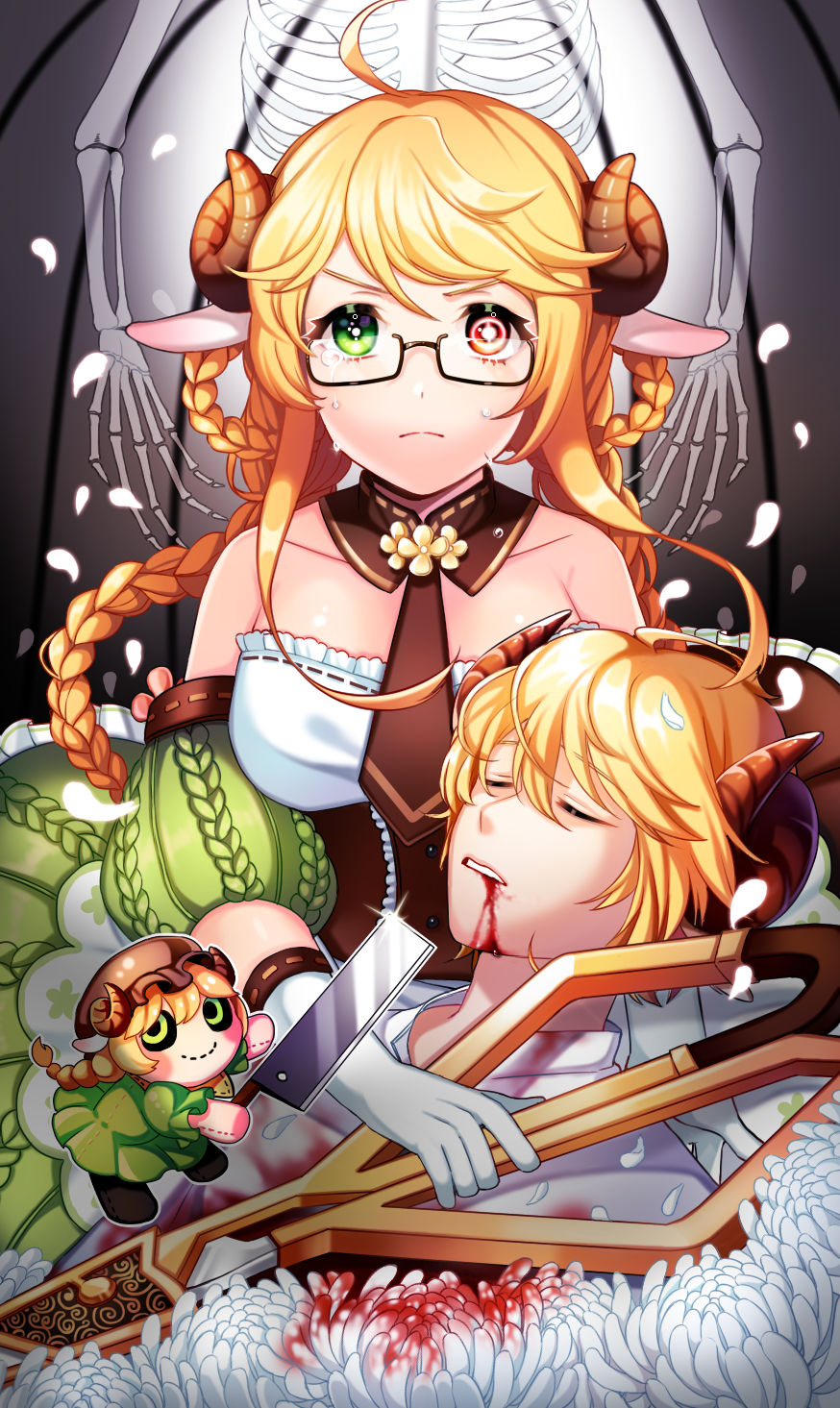 1boy, 1girl, animal_ears, arpiel, blonde_hair, braid, breasts, cecil_(arpiel)
