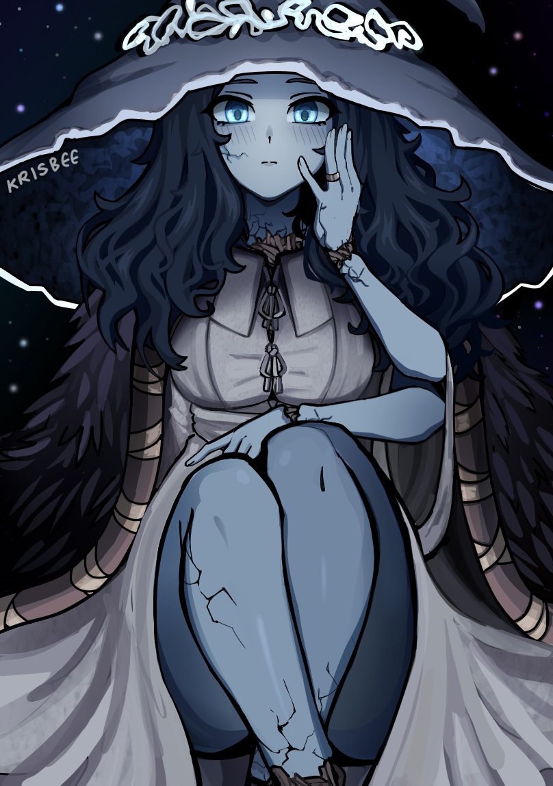 blaidd_the_half-wolf, blue_eyes, blue_hair, blue_skin, cape, cloak, colored_skin, cracked_skin