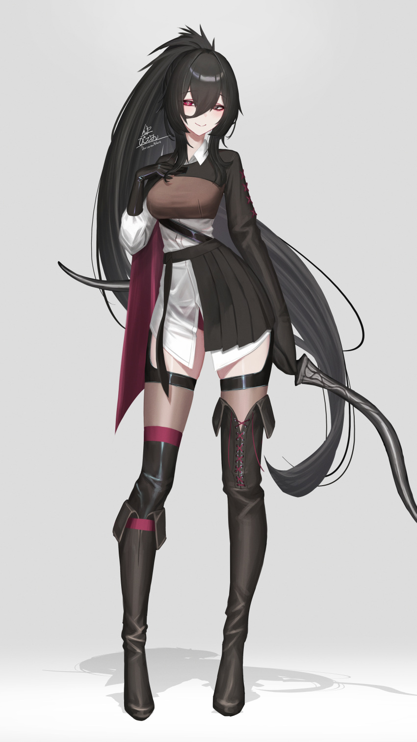 1girl, absurdres, asymmetrical_legwear, black_eyes, black_hair, boots, bow_(weapon), breasts