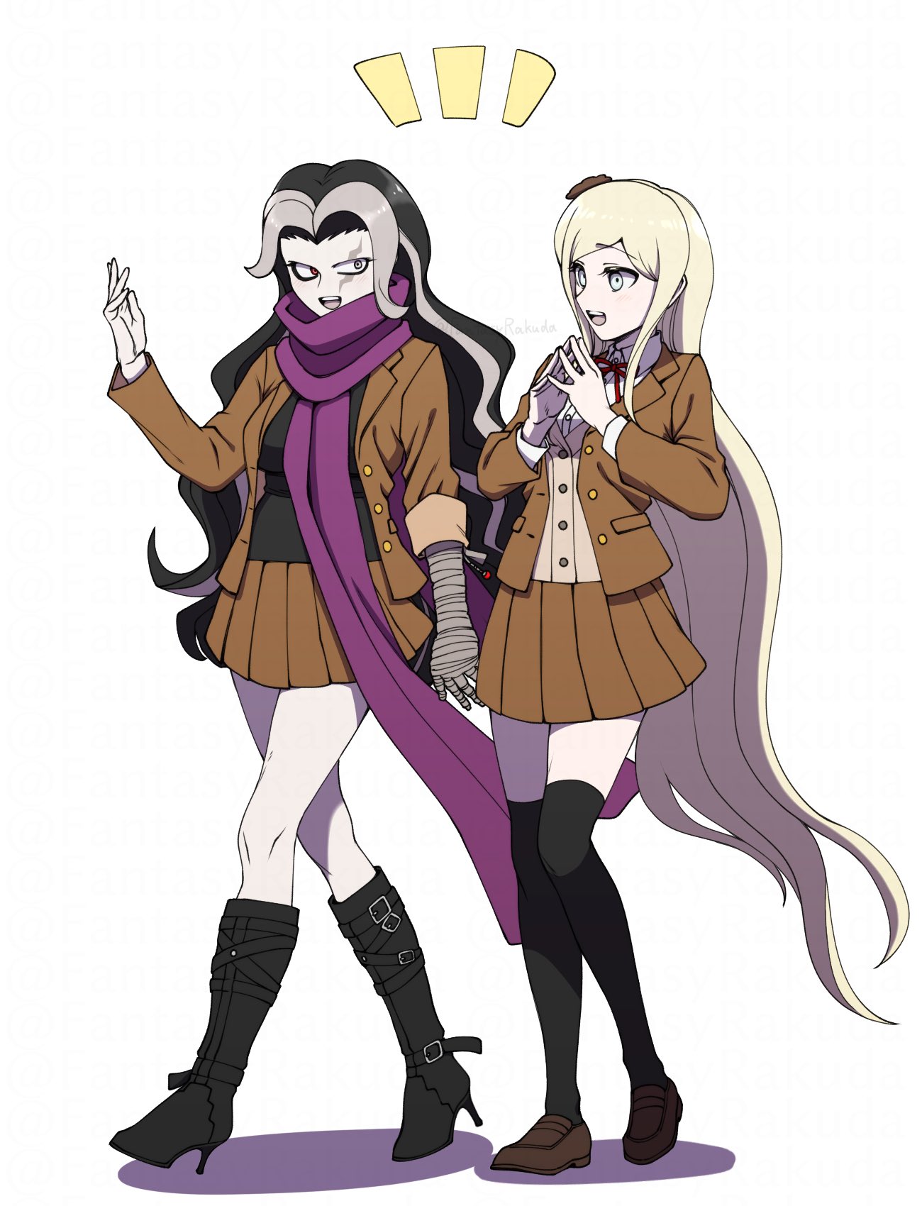 2girls, black_footwear, black_hair, boots, brown_footwear, brown_jacket, brown_skirt, collared_shirt, danganronpa_(series), danganronpa_3_(anime), dress_shirt, fantasyrakuda, full_body, genderswap, genderswap_(mtf), grey_hair, hand_up, highres, hope's_peak_academy_school_uniform, jacket, knee_boots, long_hair, long_sleeves, miniskirt, multicolored_hair, multiple_girls, neck_ribbon, notice_lines, open_clothes, open_jacket, open_mouth, purple_scarf, red_ribbon, ribbon, scarf, school_uniform, shirt, skirt, smile, sonia_nevermind, steepled_fingers, tanaka_gundham, thigh-highs, two-tone_hair, white_shirt