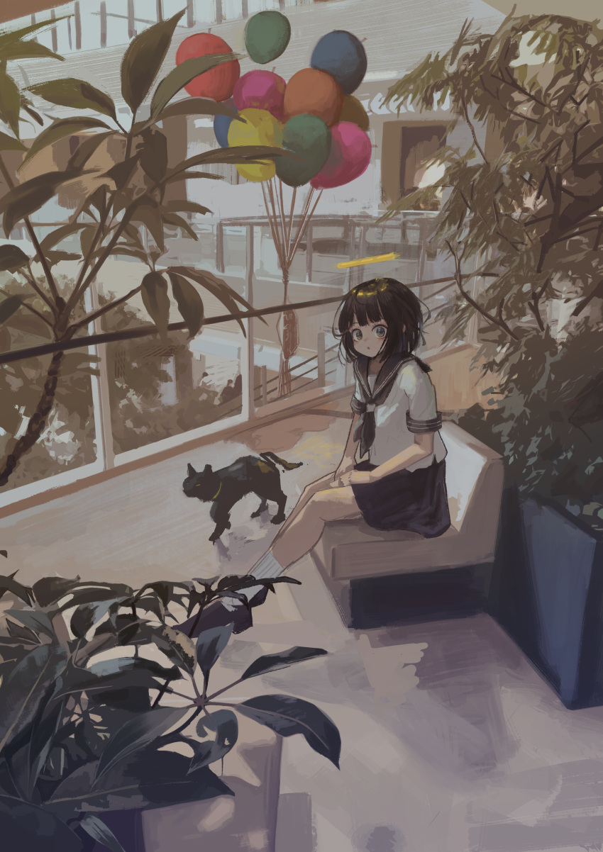 1girl, absurdres, angel, balloon, black_cat, black_footwear, black_hair, black_neckerchief