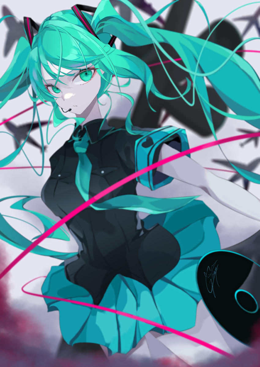 1girl, absurdres, aircraft, airplane, aqua_eyes, aqua_hair, aqua_necktie, black_shirt