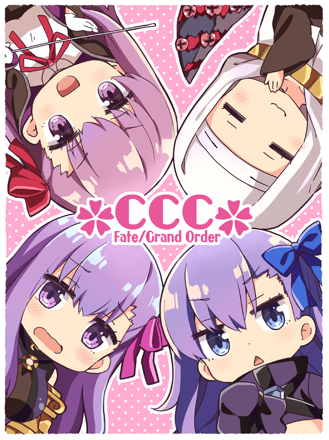 4girls, bb_(fate), bb_(fate/extra), black_coat, black_dress, blue_eyes, blue_ribbon, blush