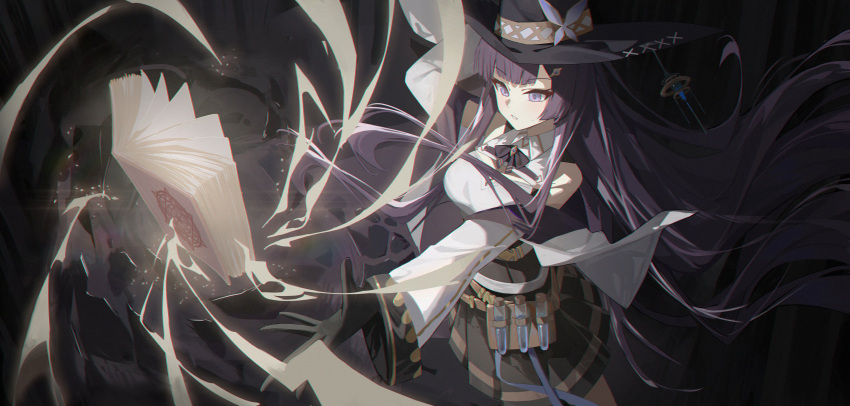 1girl, akipopopopoon, bare_shoulders, belt_pouch, black_bow, black_gloves, black_hat, black_skirt