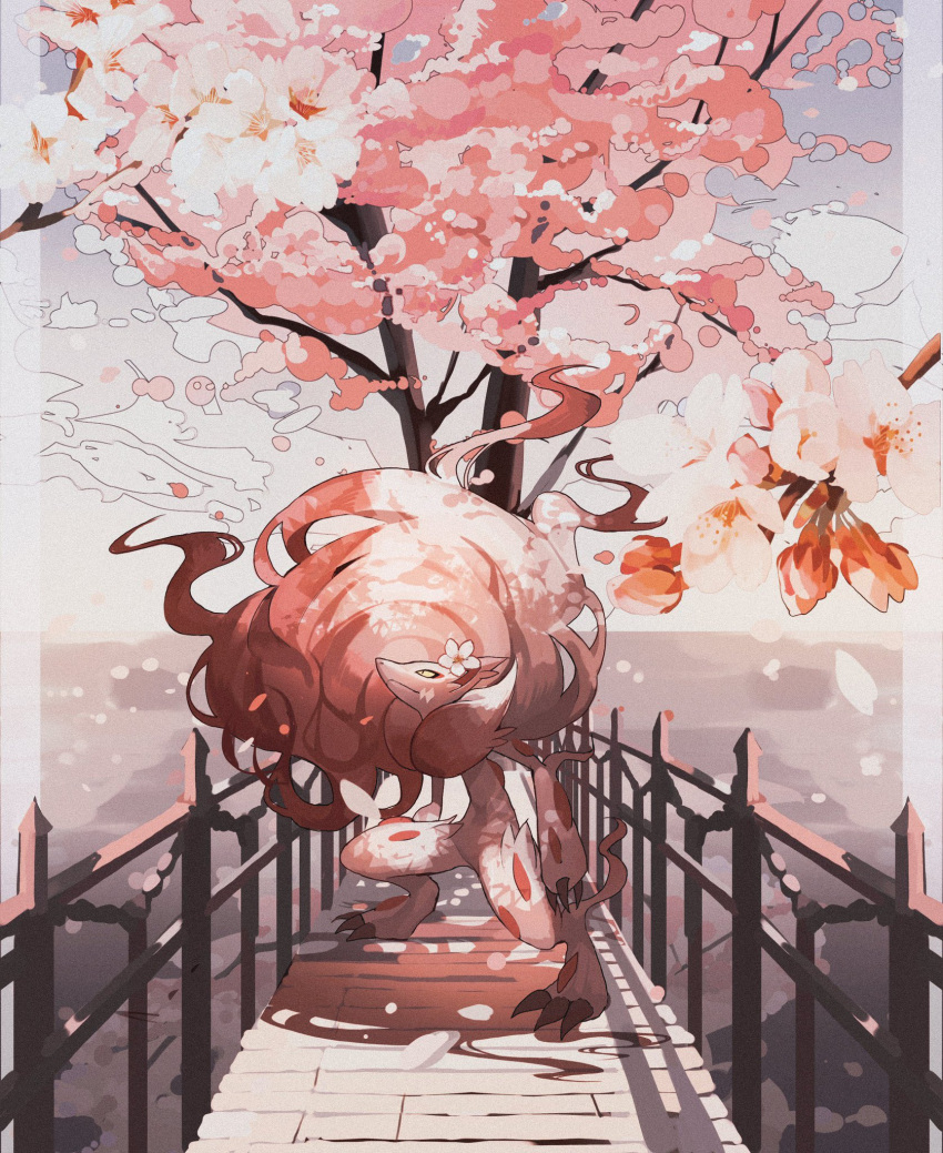 big_hair, border, bridge, cherry_blossoms, claws, closed_mouth, commentary_request, falling_petals
