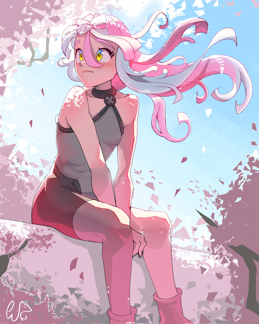 1girl, absurdres, bare_shoulders, blue_hair, blue_sky, bodysuit, boots, bow-shaped_hair, cherry_blossoms, closed_mouth, commentary, exceedxatu, eyelashes, falling_petals, frown, grey_bodysuit, highres, iono_(pokemon), long_hair, multicolored_hair, outdoors, petals, pink_hair, pokemon, pokemon_sv, signature, sitting, sky, solo, split-color_hair, two-tone_hair, yellow_eyes