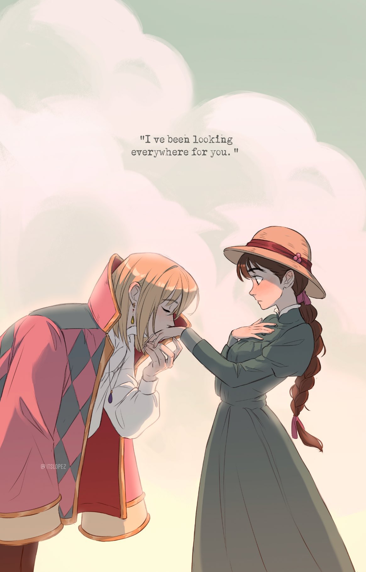 1boy, 1girl, artist_name, blonde_hair, blue_sky, blush, braid, brown_eyes, brown_hair, brown_pants, closed_eyes, closed_mouth, clouds, cloudy_sky, couple, dangle_earrings, day, dress, earrings, english_text, fingernails, green_dress, hair_between_eyes, hair_ribbon, hand_on_own_chest, hand_up, hands_up, hat, hat_ornament, hetero, highres, holding, holding_hands, howl_(howl_no_ugoku_shiro), howl_no_ugoku_shiro, itslopezz, jacket, jewelry, juliet_sleeves, kiss, kissing_hand, long_hair, long_sleeves, looking_at_another, mandarin_collar, necklace, open_clothes, open_jacket, orange_hat, outdoors, pants, pink_jacket, pink_ribbon, puffy_long_sleeves, puffy_sleeves, red_jacket, ribbon, shirt, short_hair, sky, sophie_(howl_no_ugoku_shiro), standing, studio_ghibli, sun_hat, two-sided_fabric, two-sided_jacket, white_shirt, wide_sleeves