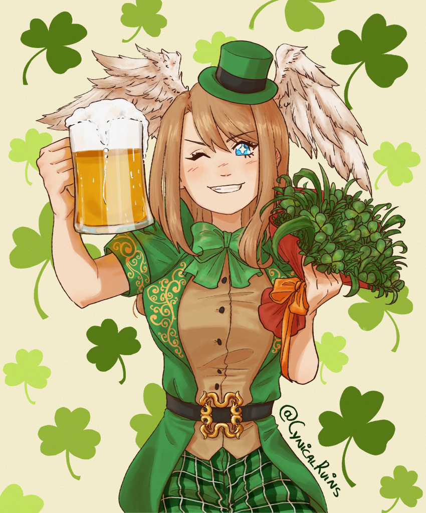1girl, absurdres, artist_name, aurora_(cynicalruins), beer_mug, belt, blue_eyes, bouquet
