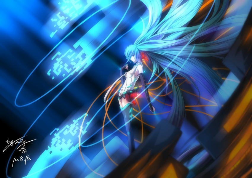 absurdres, aqua_hair, bare_shoulders, boots, digital_dissolve, hatsune_miku, hatsune_miku_(append), highres
