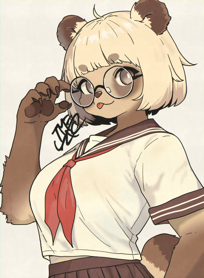 1girl, :3, :p, absurdres, adjusting_eyewear, animal_ears, animal_nose, artist_name, blonde_hair, blunt_bangs, bob_cut, body_fur, bright_pupils, brown_eyes, brown_sailor_collar, brown_skirt, closed_mouth, commentary, film_grain, furry, furry_female, glasses, grey_background, highres, looking_at_viewer, neckerchief, original, pawpads, pleated_skirt, raccoon_ears, raccoon_girl, raccoon_nose, raccoon_tail, red_neckerchief, round_eyewear, sailor_collar, school_uniform, serafuku, shirt, short_hair, short_sleeves, signature, simple_background, skirt, solo, symbol-only_commentary, tail, tanuki, thick_eyebrows, tomochiso, tongue, tongue_out, white_pupils, white_shirt