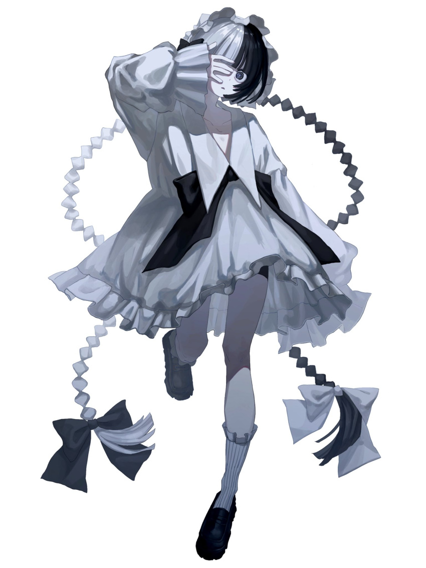 1girl, arm_up, black_bow, black_eyes, black_footwear, black_hair, blunt_bangs, bow
