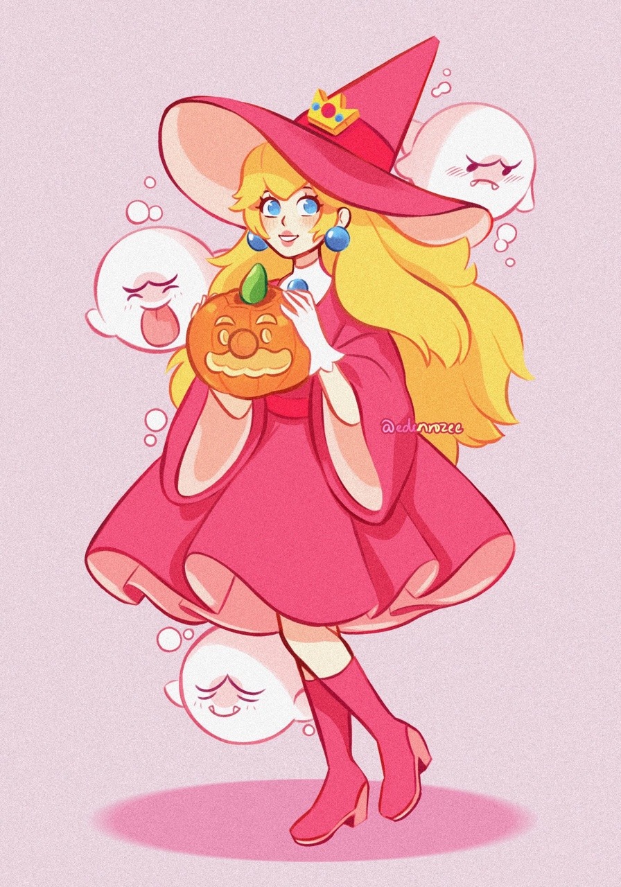 1girl, alternate_costume, artist_name, blonde_hair, blue_eyes, blue_gemstone, boo_(mario), boots