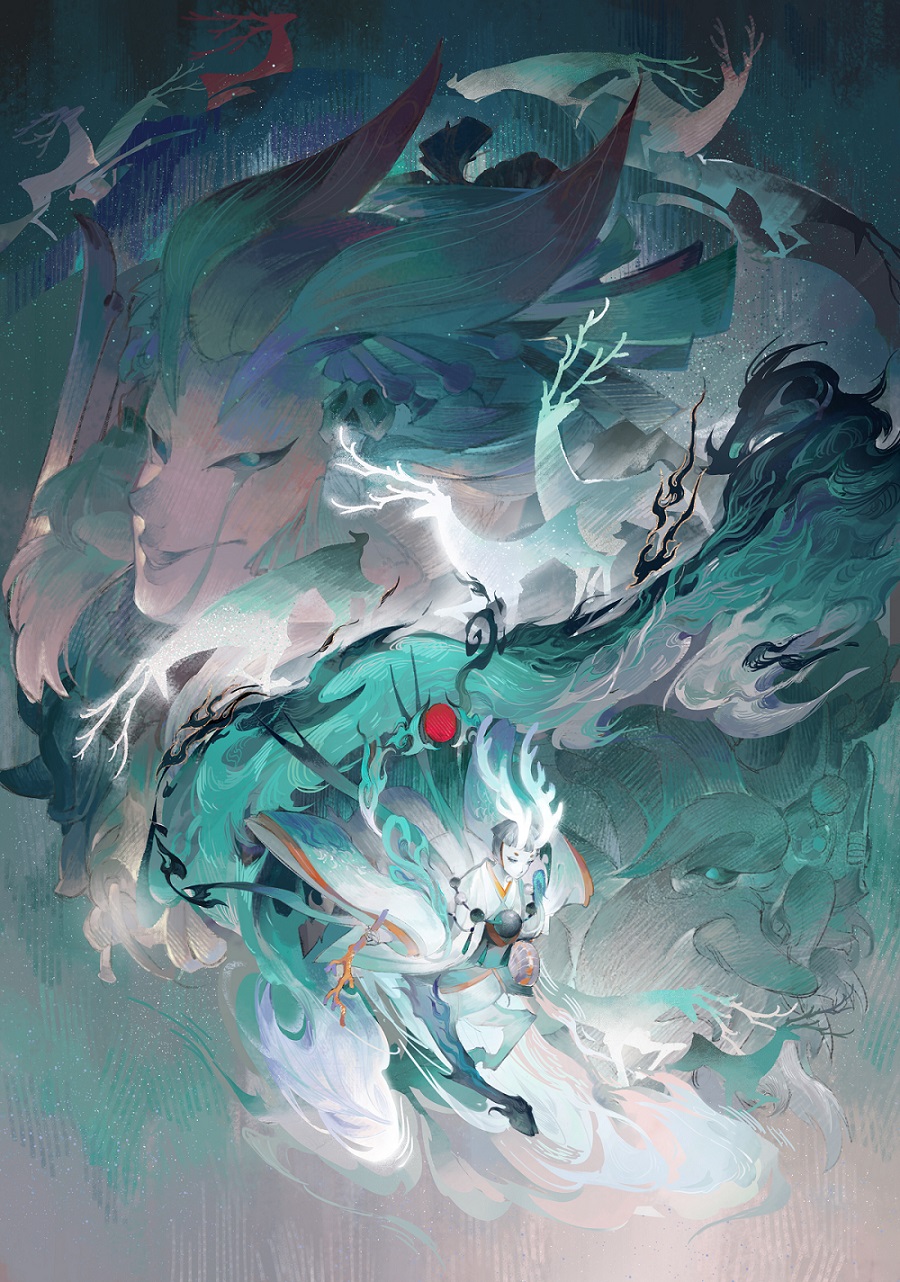 1boy, antlers, blue_eyes, closed_mouth, colored_skin, deer, dragon, eastern_dragon