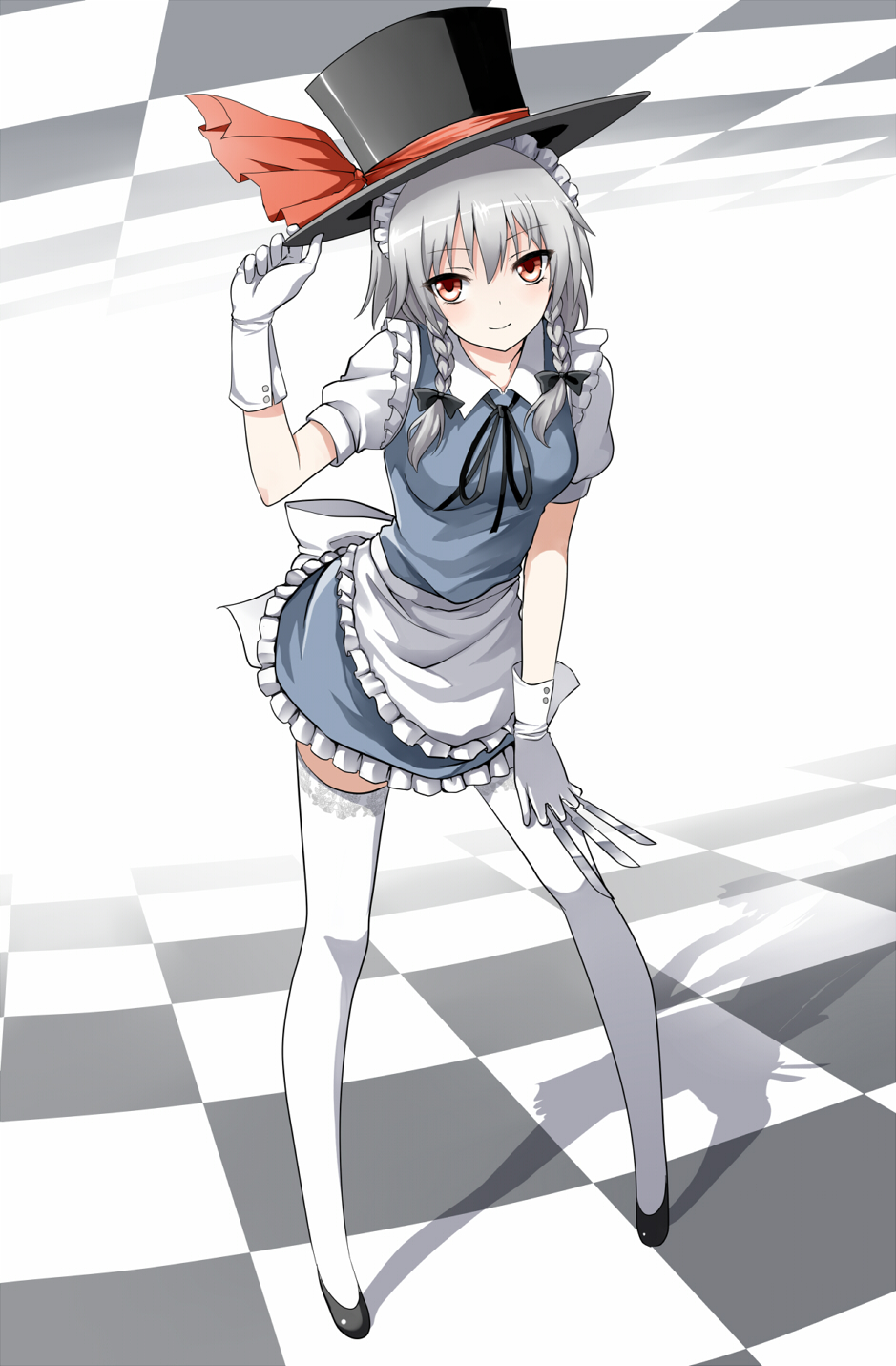 between_fingers, bon, bon_(artist), braid, checkered, checkered_floor, gloves, hands