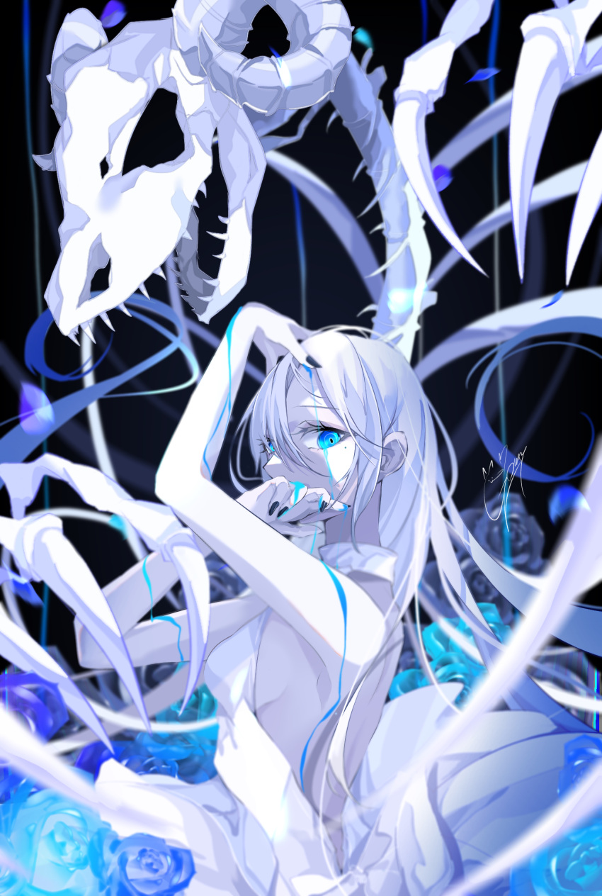 1girl, blood, blue_blood, blue_eyes, blue_flower, blue_rose, blue_theme, bone, colored_skin, dinosaur_skeleton, dress, flower, fossil, goma_irasuto, highres, horns, long_hair, looking_at_viewer, original, rose, shirt, sleeveless, very_long_hair, white_dress, white_hair, white_shirt, white_skin, white_theme