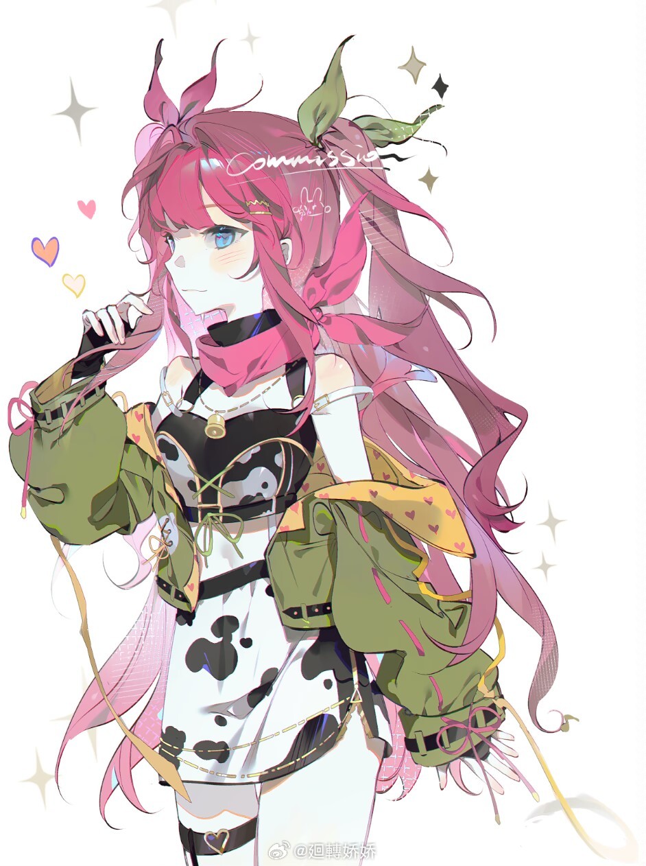 1girl, animal_print, artist_name, baiwei_lai, bare_shoulders, bell, belt, belt_buckle