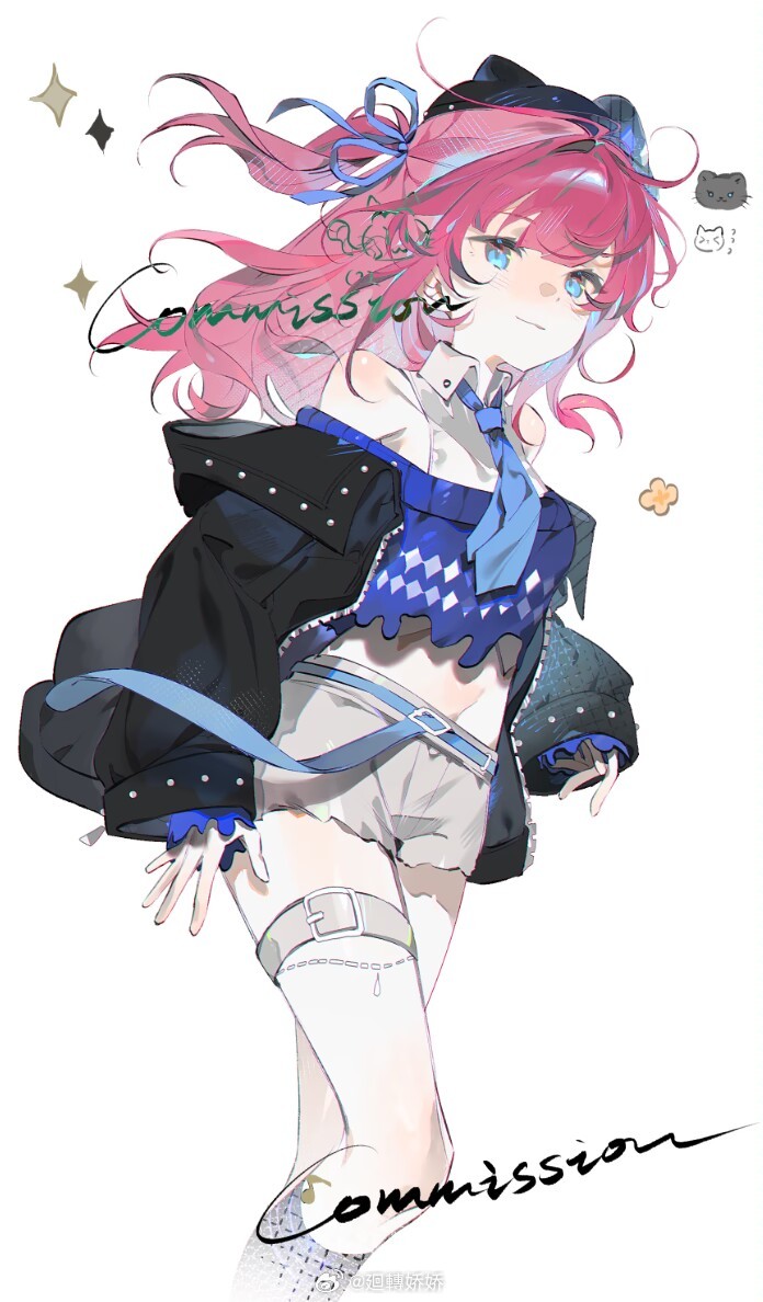 1girl, baiwei_lai, bare_shoulders, belt, black_hat, black_jacket, blue_belt, blue_eyes