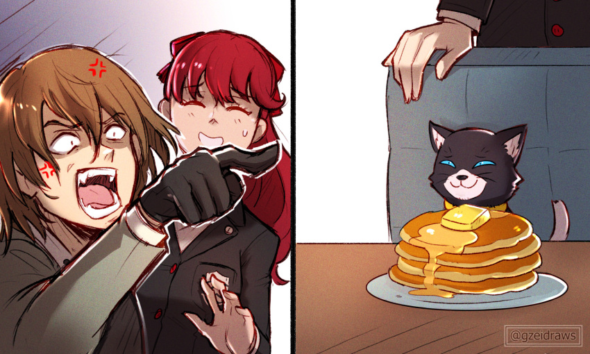 1girl, 2boys, :3, akechi_gorou, amamiya_ren, anger_vein, black_gloves, brown_hair