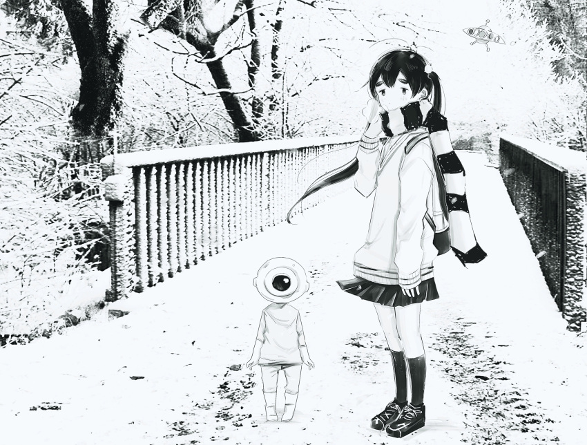 1girl, 1other, absurdres, arm_at_side, breath, bridge, covered_mouth, dead_dead_demons_de_dedede_destruction