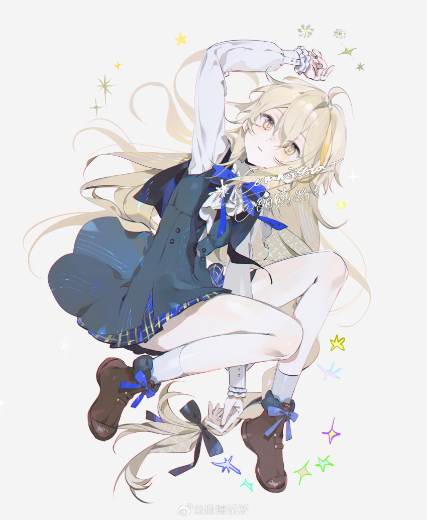 1girl, absurdres, ahoge, arm_up, baiwei_lai, black_dress, blonde_hair, blue_bow