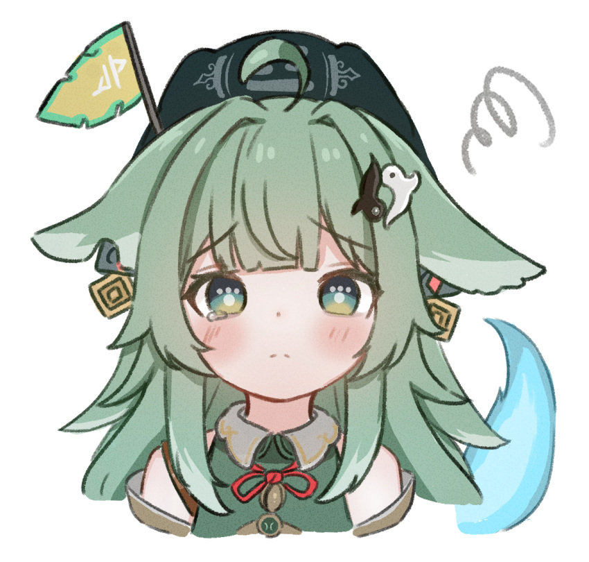1girl, ahoge, animal_ears, bare_shoulders, blush, detached_sleeves, flag_hair_ornament, fox_ears