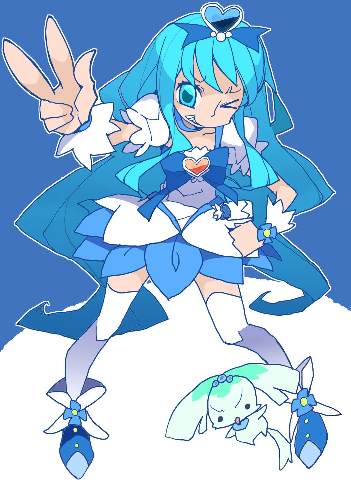 >_@, 1girl, 1other, blue_background, blue_bow, blue_dress, blue_eyes, blue_hair, blue_theme, boots, bow, brooch, coffret_(heartcatch_precure!), commentary, cure_marine, dowman_sayman, dress, flower, frilled_dress, frills, full_body, hair_ornament, hand_on_own_hip, heart, heart_brooch, heart_hair_ornament, heartcatch_precure!, highres, jewelry, kurumi_erika, light_blue_hair, long_hair, looking_at_viewer, magical_girl, precure, puffy_short_sleeves, puffy_sleeves, short_sleeves, sidelocks, tail, two-tone_dress, v, v-shaped_eyebrows, very_long_hair, white_dress, wrist_cuffs