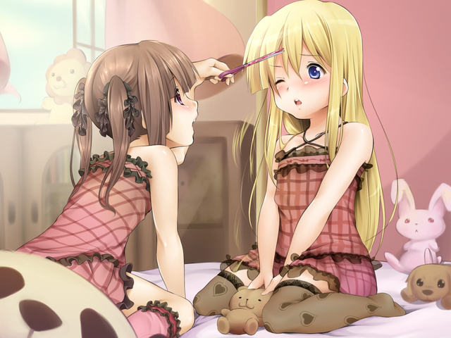 bed, between_legs, blonde_hair, blue_eyes, blush, brown_eyes, brown_hair, child