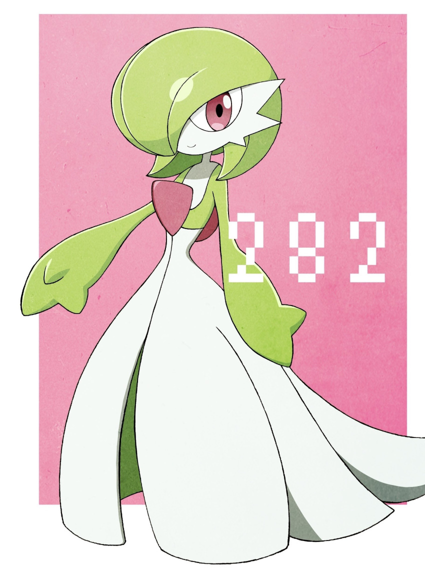absurdres, bob_cut, colored_skin, dress, envi55109095, gardevoir, gardevoir_day, green_hair