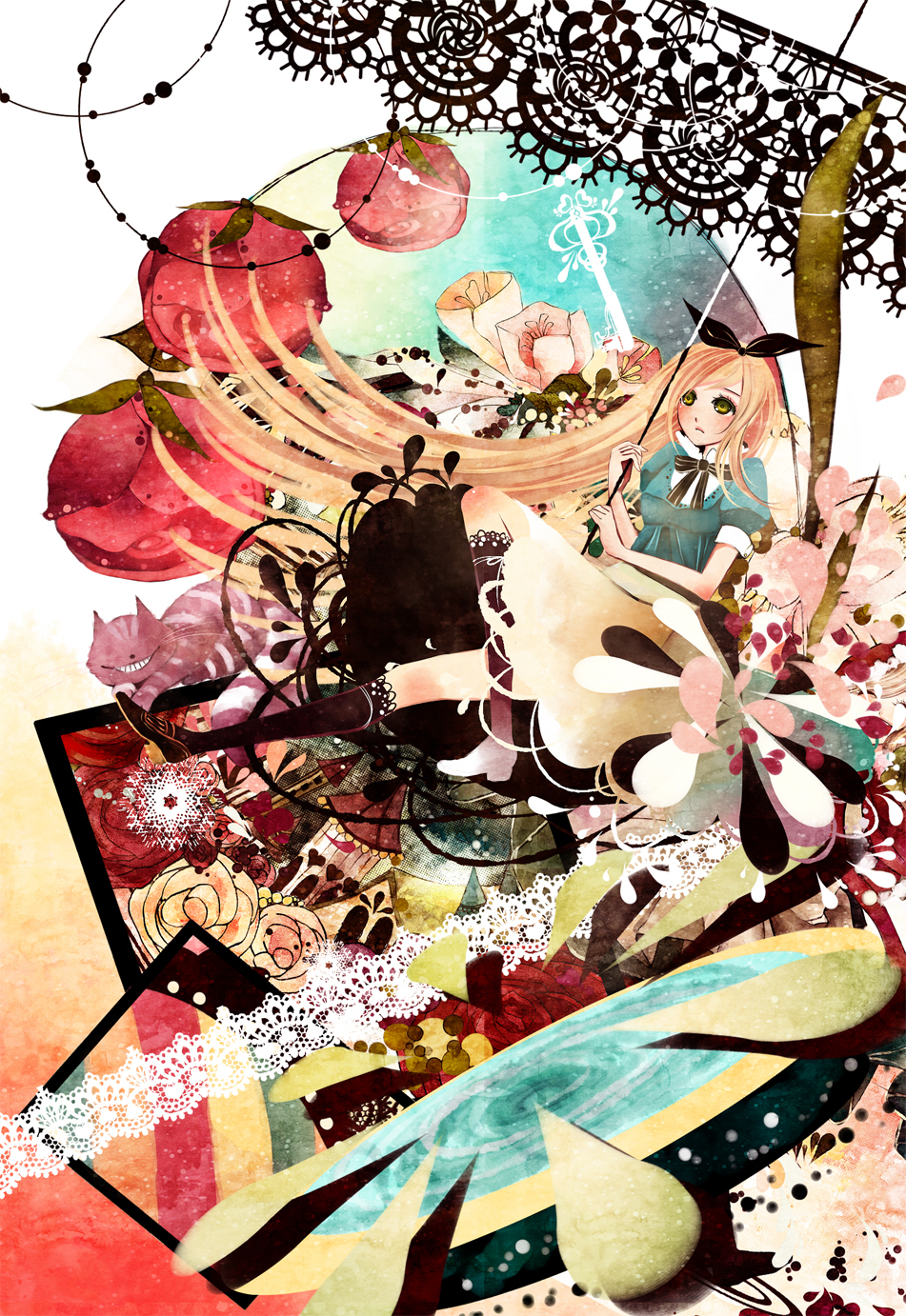 alice_(wonderland), cat, cheshire_cat, chesire_cat, flower, highres, key, long_hair