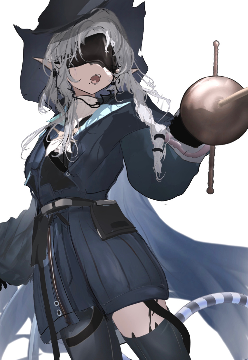 1girl, absurdres, arknights, black_gloves, blue_coat, braid, cape, coat, cowboy_shot, fangs, fighting_stance, gloves, grey_hair, hat, head-mounted_display, headset, highres, holding, holding_sword, holding_weapon, long_sleeves, material_growth, mebe_(teadia_violet), medium_hair, mole, mole_under_mouth, open_mouth, oripathy_lesion_(arknights), pointy_ears, pouch, rapier, simple_background, single_braid, single_leg_pantyhose, single_thighhigh, snake_tail, solo, standing, sword, tail, thigh-highs, tulip_(arknights), weapon, white_background