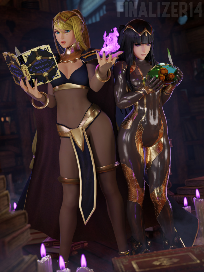 2girls, 3d, absurdres, black_hair, blonde_hair, blue_eyes, blunt_bangs, bodystocking, bodysuit, book, bracelet, breasts, bridal_gauntlets, cape, circlet, cosplay, covered_navel, fire_emblem, fire_emblem_awakening, highres, jewelry, magic, metroid, metroid_(creature), multiple_girls, nautilic, samus_aran, samus_aran_(cosplay), skin_tight, tharja_(fire_emblem), tharja_(fire_emblem)_(cosplay), tiara, two-tone_cape, two_side_up, zero_suit