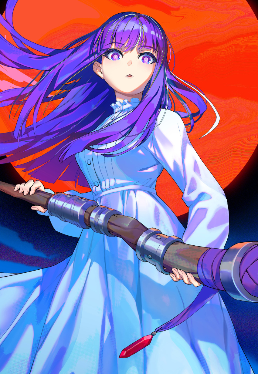absurdres, breasts, cowboy_shot, dress, fern_(sousou_no_frieren), highres, holding, holding_staff