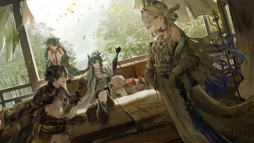 1boy, 4girls, absurdres, arknights, bandeau, black_hair, black_jacket, black_shorts