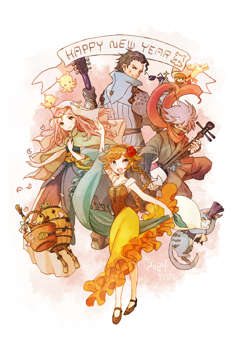 2boys, 2girls, :o, amurokku_utsubo, barrel, basket, black_gloves, braid, brown_hair, cat, character_request, dancing, dated, fishnet_armwear, frederica_aesfrost, gloves, green_eyes, happy_new_year, highres, instrument, live_a_live, mask, mouth_mask, multiple_boys, multiple_girls, oboro-maru_(live_a_live), octopath_traveler, octopath_traveler_ii, olberic_eisenberg, plectrum, red_scarf, scarf, shamisen, skirt, sunglasses, triangle_strategy, unworn_eyewear, yellow_skirt