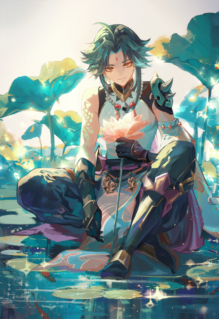 1boy, absurdres, ahoge, aqua_hair, arm_tattoo, asymmetrical_clothes, asymmetrical_gloves, bare_shoulders