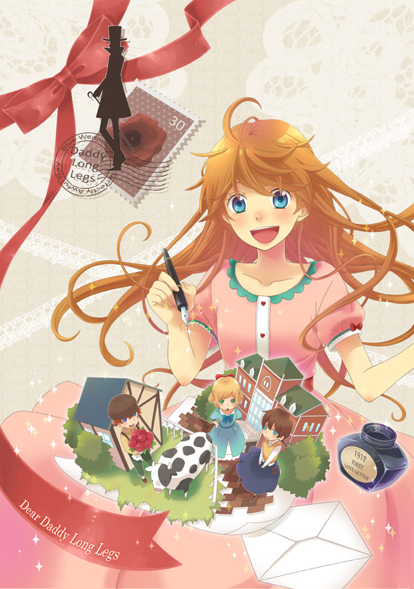 blue_eyes, bouquet, brown_hair, cow, daddy_long_legs, dress, envelope, flower