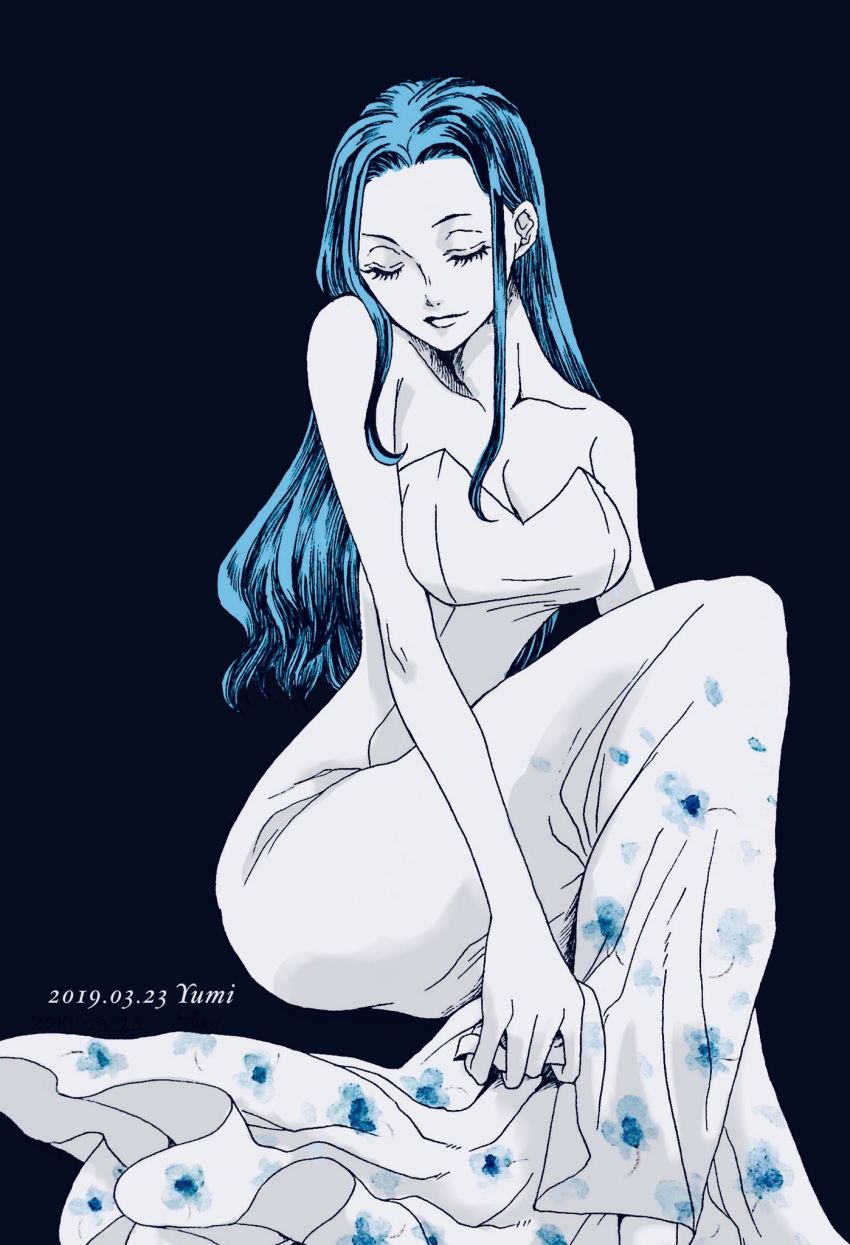 1girl, 2019, artist_name, black_background, blue_hair, closed_eyes, commentary, dated, dress, eyelashes, floral_print, hair_slicked_back, hanakotoba28, highres, holding, holding_clothes, light_smile, long_dress, long_hair, nico_robin, one_piece, sidelocks, simple_background, sitting, strapless, strapless_dress