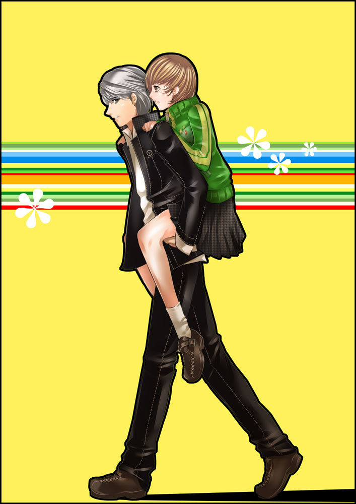 brown_hair, grey_hair, narukami_yuu, persona, persona_4, satonaka_chie, school_uniform, seta_souji