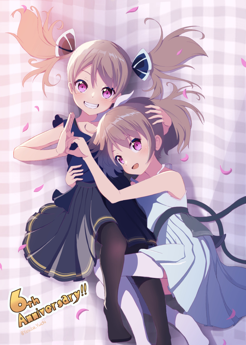 2girls, :d, absurdres, anniversary, arm_around_waist, bare_arms, black_ribbon, black_skirt